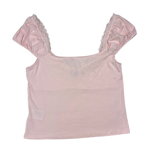 Cotton On Annie Lace Trim Tie Front Bow Baby Pink Tee Top - Size L - Picture 3 of 7